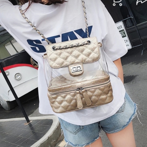 BRAND NEW Gold /clear ladies backpack crossbody bag - Picture 2 of 5